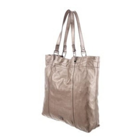 Burberry Dark Nickel Metallic Leather Drawstring Tote with Metal Accents - Picture 3 of 16